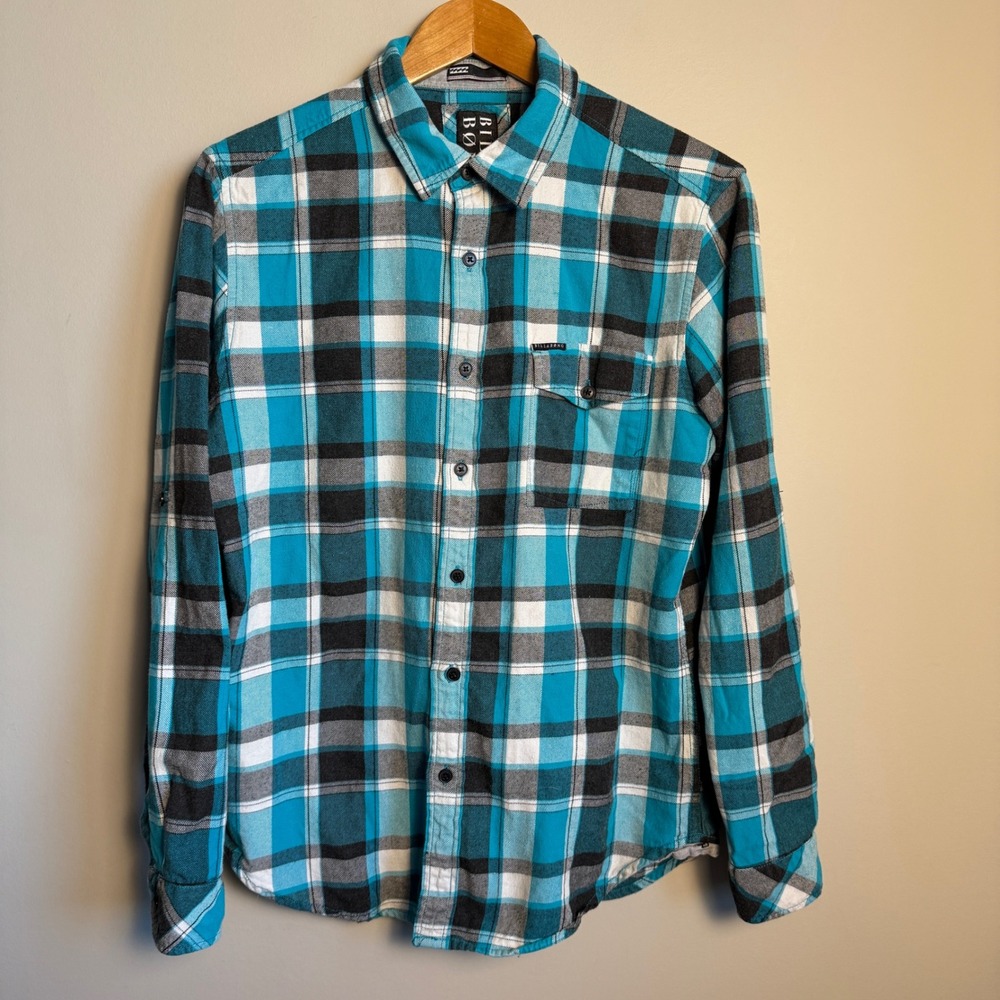 Billabong Mens Plaid Flannel Long Sleeve Button Up Shirt Medium Pocket Roll Tab